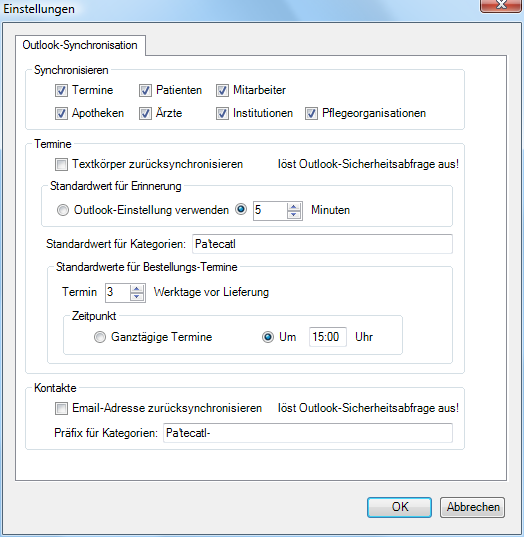 Dialog "Einstellungen" mit Outlook-Synchronisation